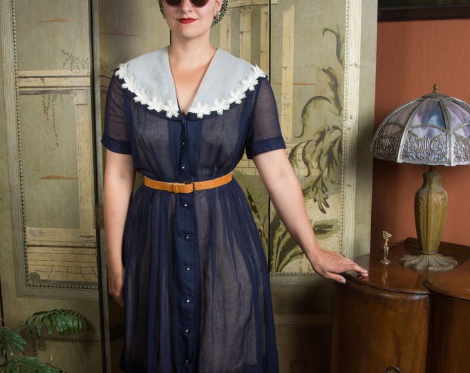 1950s Vintage Sheer Cotton Dress in Dark Navy Blue with Wide White Chiffon Collar