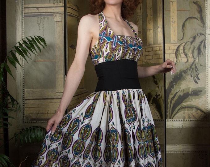 1950s Dress - Killer Alfred Shaheen Halter Dress with MCM Print and Black Midwaist