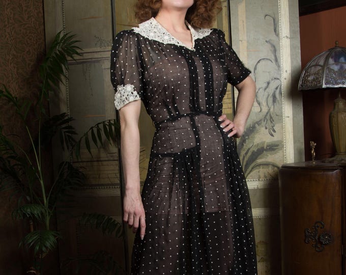 Vintage 1930s Dress - Perfectly 1939 Sheer Country Blue Swiss Dot Late 30s Day Dress with Gathered Bust and Puffed Sleeves
