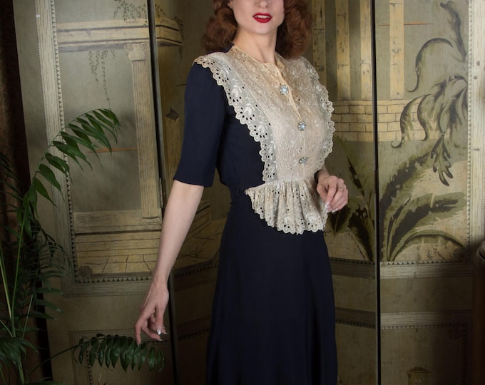Vintage 1940s Dress Navy Blue Rayon and Lace New York Creations Dress with Eyelet