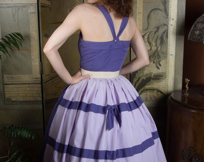 1950s Sundress - Crisp Cotton Vintage 50s Purple Colorblock Full Skirt Summer Sun Dress by MINX MODES