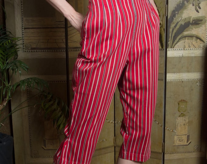 Bold Vintage Late 1950s, Early 60s Red Striped Jeanies by Blue Bell Cotton Pedal Pushers