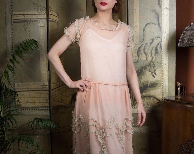 1920s Cotton Dress Peach Pink Sheer 20s Day Frock with Ivory Lace Medallions and Cold Shoulder Cuffs