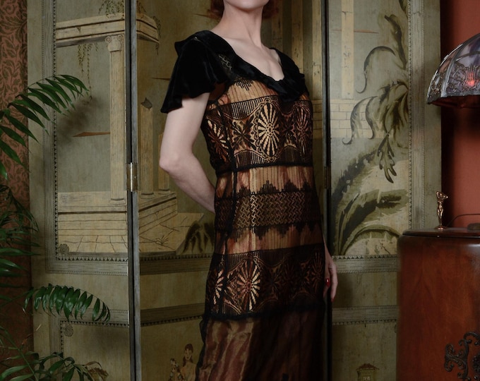 1920s Dress - Silk Jacquard, Spiderweb Lace and Lamé Embroidered Net Dress with 30s Alterations