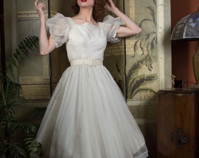 1950s Wedding Dress - Cupcake Sweet Vintage 50s Party or Wedding Gown in Crisp Flocked Nylon Chiffon with Puffed Sleeves