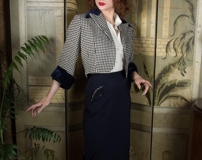 1950s Suit - Fantastic Tailored Navy Blue and Ivory Suit with Cropped Jacket, Velvet Trim and Wiggle Skirt with Accent Hip Pockets