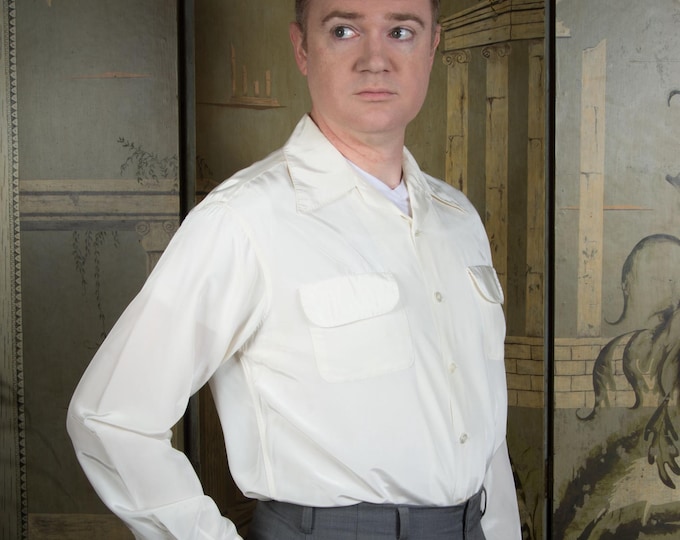 Vintage 1940s Lustrous Nylon Blend Loop Collar Flap Pocket Long Sleeve Sportswear Shirt in Crisp White with Dagger Collar