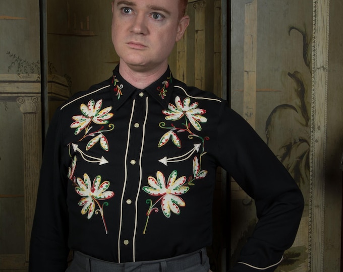 Vintage 1950s H Bar C Rayon Gabardine Embroidered Mens Western Wear Pearl Snap Shirt in Black with Multicolored Embroidery Medium 15 1/2