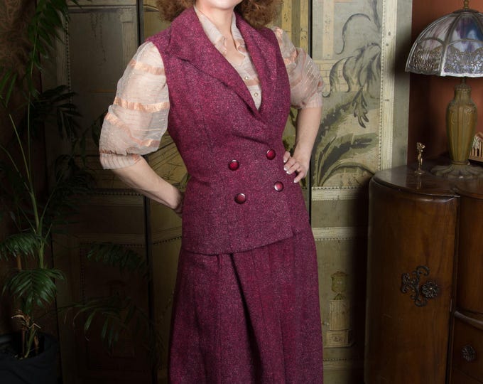 RESERVED ON LAYAWAY - 1950s Set - Vintage 50s Two Piece Wool Tweed Skirt and Vest Set in Fuchsia - Autumn Lookbook 2026
