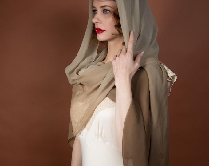 1950s Scarf - Massive Extra Large Ombre Silk Chiffon Scarf in Chocolate, Taupe and Light Brown 88" Long