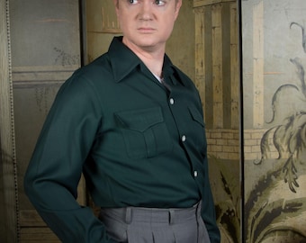 Vintage 1940s Arrow Gabanaro Rayon Gabardine Loop Collar Flap Pocket Long Sleeve Shirt in Rich Rust Hue