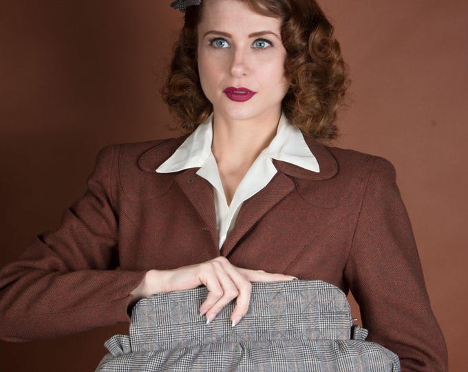Wartime 1940s Handbag and Hat Set - Fantastic Prince of Wales Plaid Purse, and Cap with Removable Butterfly