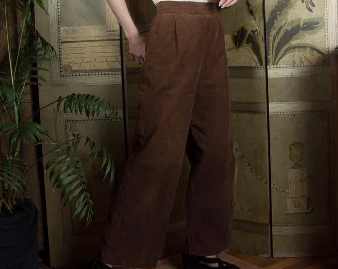1940s Vintage Pants Cute and Casual 40s High Waist Wide Leg Slacks in Wool Corduroy