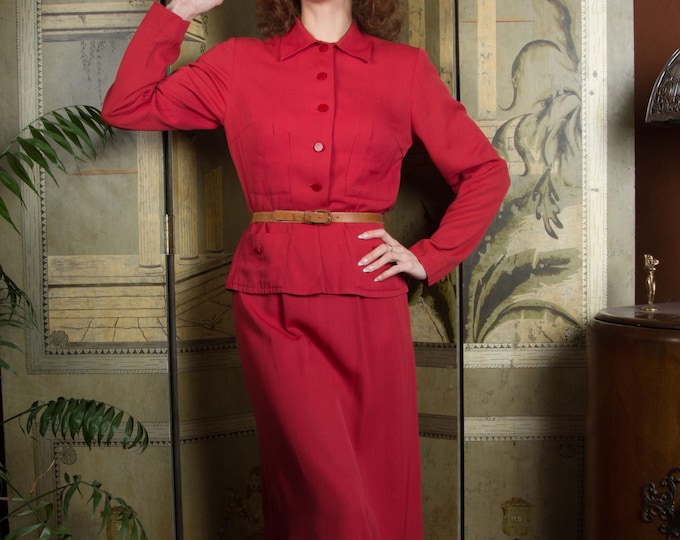 1950s Suit - Sporty Cherry Red Gabardine Vintage Early 50 Skirt Don-a-Tog Rayon Gab Casual Suit