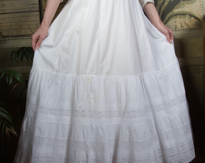 Authentic 1900s Edwardian White Cotton Petticoat Full Skirt with Pintucks and Lace