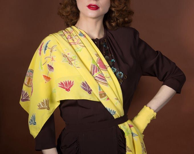 1930s Scarf - Gorgeous Vintage 30s Printed Rayon Art Deco Scarf in Yellow with Vibrant Colors