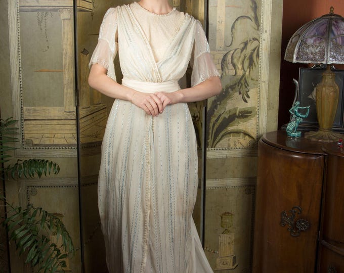 Vintage Edwardian Wedding Gown - c. 1911 Cotton and Silk Brocade Striped Gown with Watteau Train, Hollow Pearls, Mixed Laces