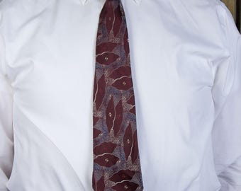 Vintage 1930s Brocade Tie in Changeable Burgundy and Blue with Blue and Silvery Jacquard
