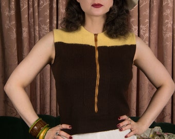 1930s Vest - Fantastic Vintage 30s Colorblock Brown and Yellow Wool Sleeveless Vest with Early Plastic Amber Tone Zipper