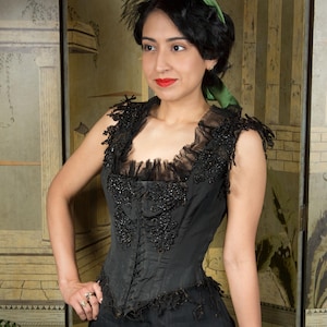 Antique Bodice - Gorgeous 1880s Low Cut Lace Front Evening Gown Bodice with Jet Bead Applique and Twelve Stays Costume Altered