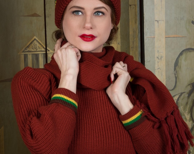 Incredible Antique Three Piece Wool Knit Sweater Set with Turtleneck Jumper, Scarf and Cap by Henry Hesse