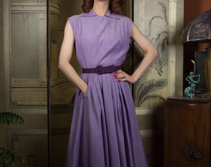 1950s Dress - Sleeveless Vintage 50s Lilac Purple Cotton Day Dress