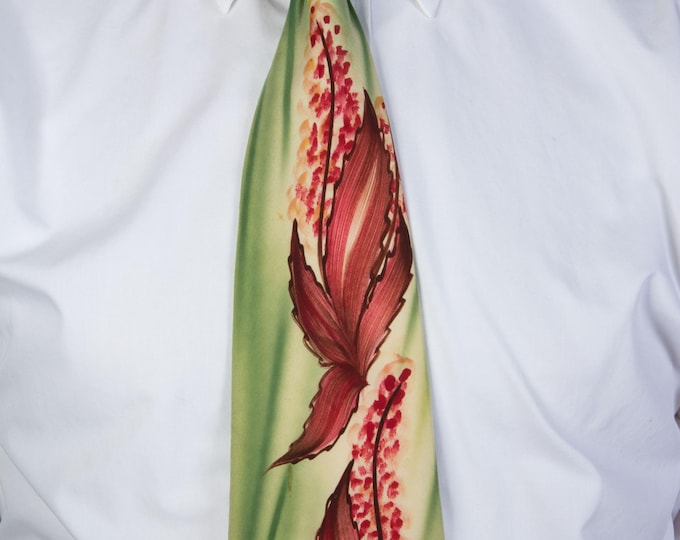 Vintage 1940s BRITICO Striking Airbrushed Handpainted SILK Wide Tie with Autumn Foliage Motif on Green