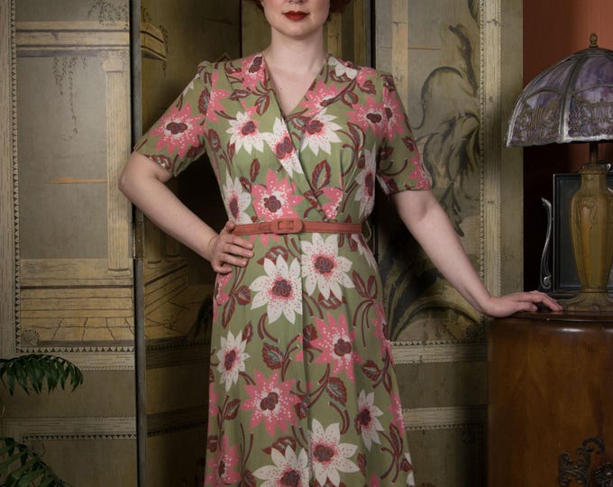 1940s Dress - Charming Floral Rayon Wrap + Zipper Dress in Sage Green, White, Coral Pink and Brown