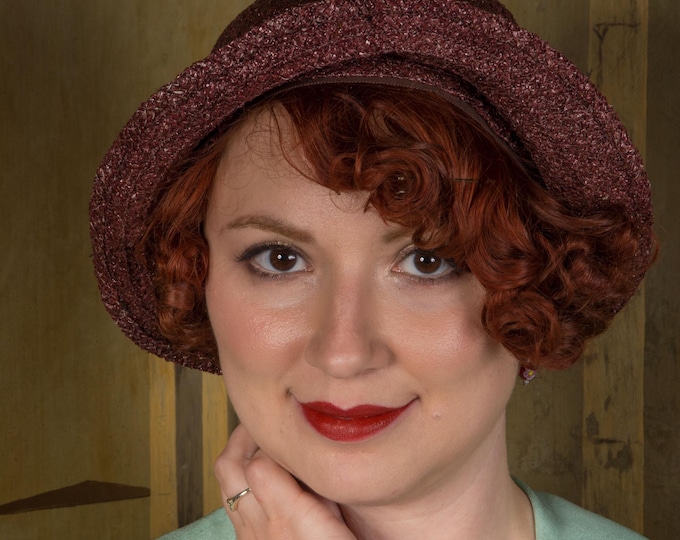 1930s Hat - JEAN PATOU Reproduction Rare Designer Couture Early 30s Pleated Cloche Hat in Lustrous Brown Straw with Bakelite Baubles