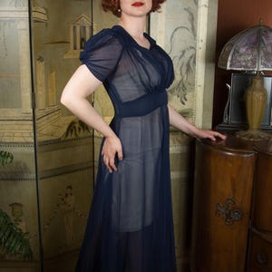 1930s Dress - Sheer Navy Late 30s Puff Sleeve Gown with Wide Waist of Rayon Chiffon