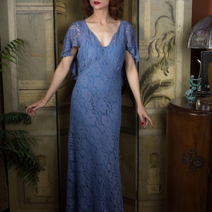 1930s Dress - Curve Hugging Periwinkle Lace 30s Bias Cut Gown With Fluttering Caped Back by FOGA - Etsy 1930s Dress - Curve Hugging Periwinkle Lace 30s Bias Cut Gown With Fluttering Caped Back by FOGA - Etsy