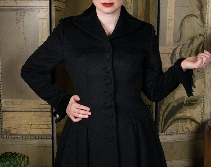1950s Coat - RARE Lilli Ann Black Mohair Wool Brocade 50s Fit and Flare Coat Shortened to Thigh Length