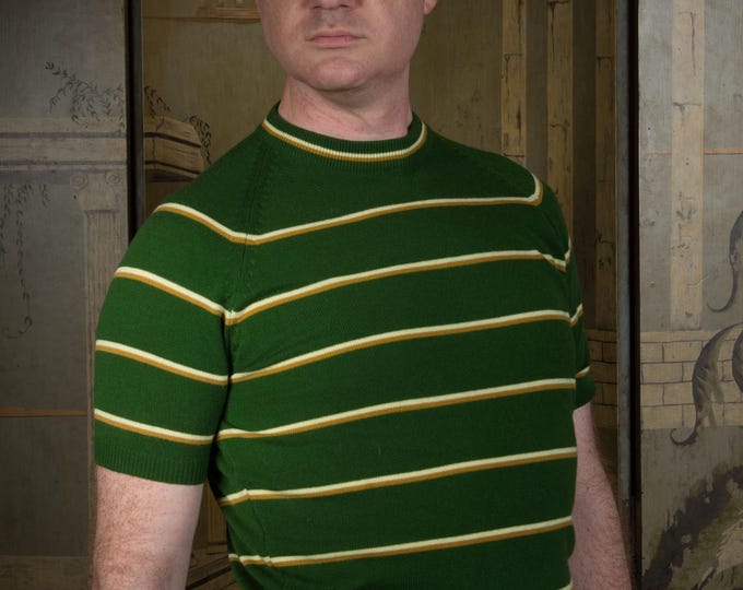 Vintage 1960s Towncraft Pullover Knit Short Sleeve Sweater in Forest Green with White and Beige Stripes