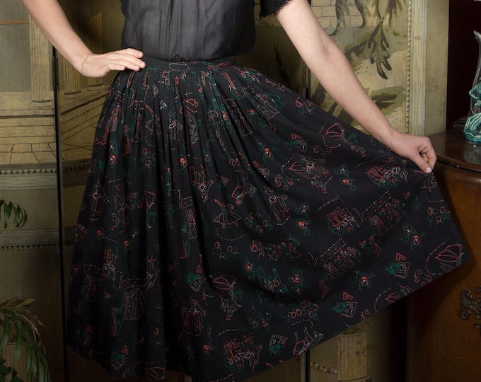 1950s Skirt - Fantastic 50s Novelty Print Skirt with Theater Go-ers, Broadway Play Theme