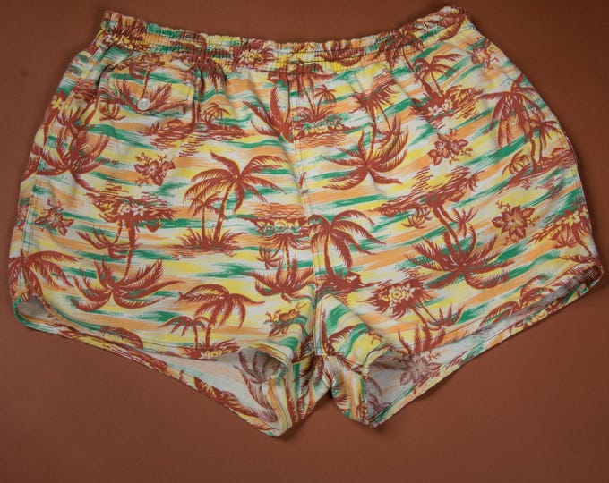 Vintage 1940s 1950s Bright Cotton Swim Trunks with Hawaiian Palm Trees Print