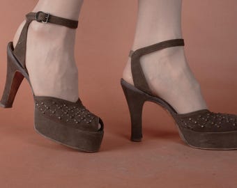 1940s Shoes - Size 6  - Fabulous Vintage 40s Platform Shoes in Mink Brown Suede with Peeptoes, Ankle Strap and Side Details