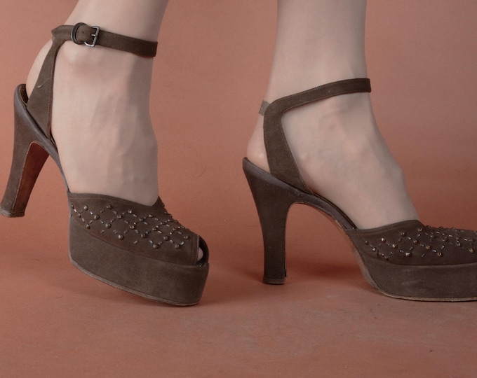 1940s Shoes - Size 6  - Fabulous Vintage 40s Platform Shoes in Mink Brown Suede with Peeptoes, Ankle Strap and Side Details