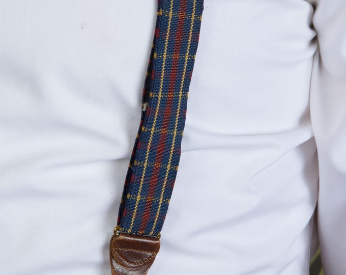 Vintage 1930s 40s HICKOK Blue and Red Plaid Elastic Suspenders with Leather Button Loops