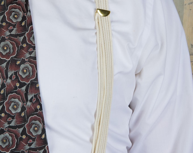 Vintage White and White Webbing Formal Y Back Suspenders with Faux Leather Button Loops