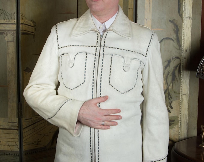 Vintage 1940 or 50s Tailored Western Leather Jacket in Ivory White with Black Saddle Stitch Trim, Decorative Pockets