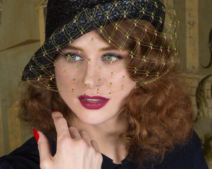Vintage Mid 30s Asymmetric Cloche in Lustrous Cellophane Straw with Two Tone Pink and Green Veil