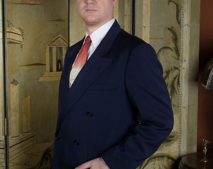 Vintage Early to Mid 50s Peaked Lapel Double Breasted Suit Jacket in Gabardine with Top Stitched Lapels Size 42