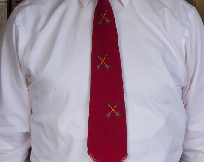 Vintage 1940s Hand Woven Wool "Indian Ties" by Sandia Weavers in Deep Red, Embroidered Arrows