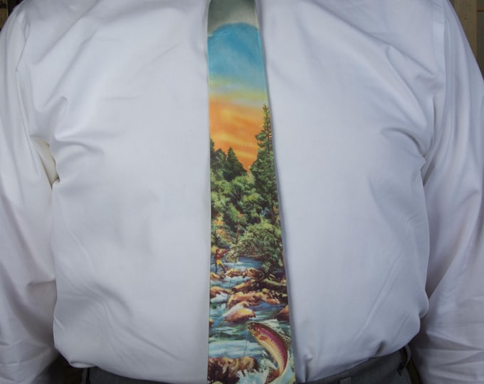 Vintage 1950s Photo Color Fishing Novelty Tie "It's a Catch" Bright Photoprint Necktie