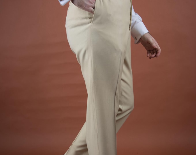 Vintage 1920s Bone Colored Herringbone Woven Wool with Flat Front and Button Fly