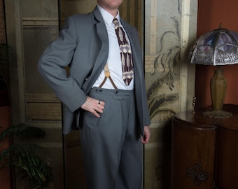 Vintage 1950s German Made Suit in Unique Grey Wool with Self-Fabric Suspender Tabs