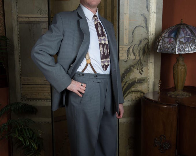 Vintage 1950s German Made Suit in Unique Grey Wool with Self-Fabric Suspender Tabs
