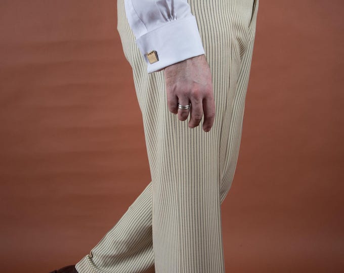 Vintage 1920s 30s Woven Wool Button Fly Striped Summer Pants in Ivory with Black Pinstripe and Adjustable Side Buckles