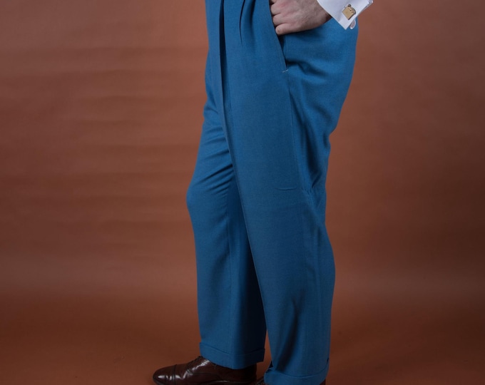Vintage 1970s does 50s Hollywood Waist Pleated Trousers in Vibrant Blue with Dropped Loops