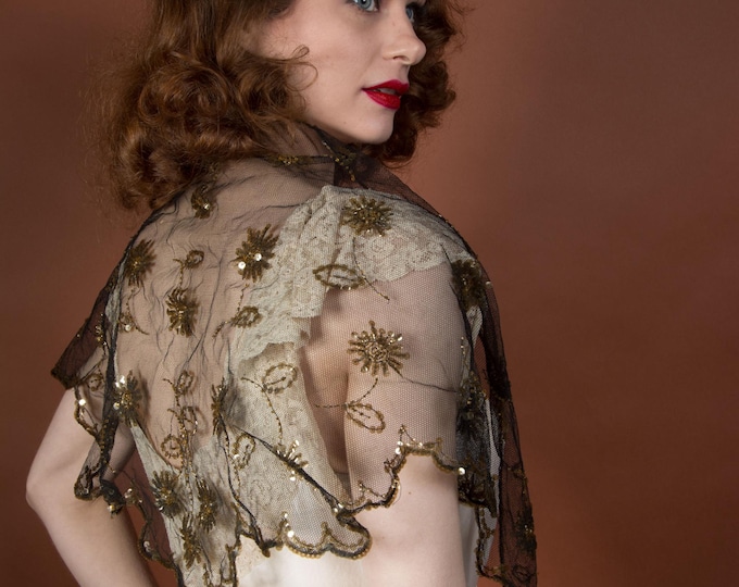 Vintage 1930s Deadstock Black Net Scarf or Shawl with Gold Gelatin Sequins and Original Tag Made in France